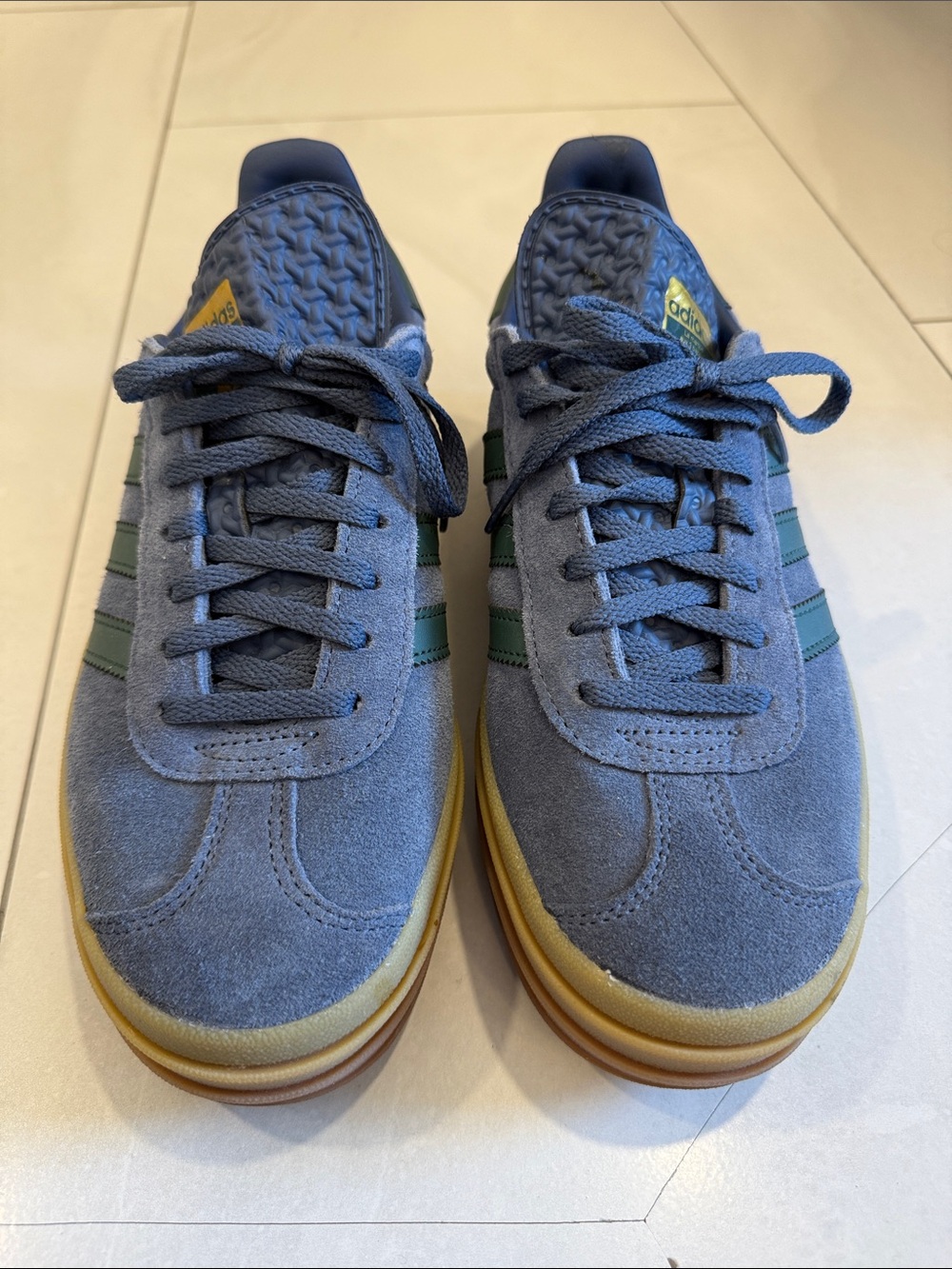 Adidas Gazelle Blue Suede Sneakers with Green Stripes and Gum Sole